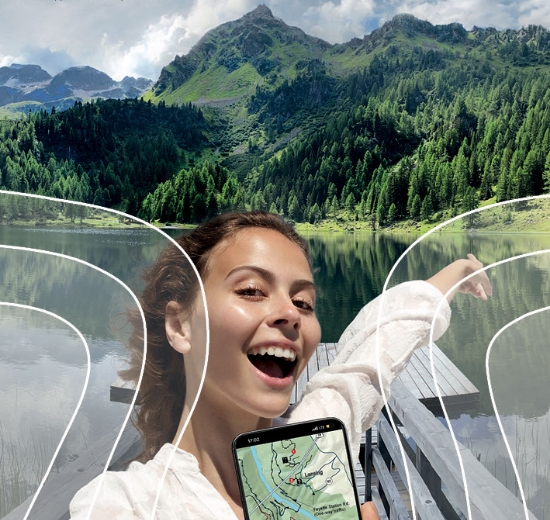 Blick auf Smartphone, in den Zwischenbereich und in die Ferne mit angedeuteten Sehbereichen eines Gleitsichtglases.